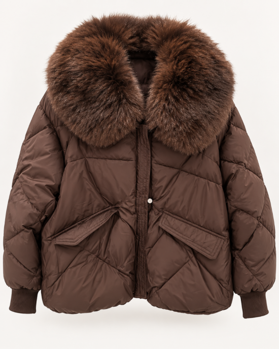 Winterjas met Imitatiebontkraag Bruin Voorkant