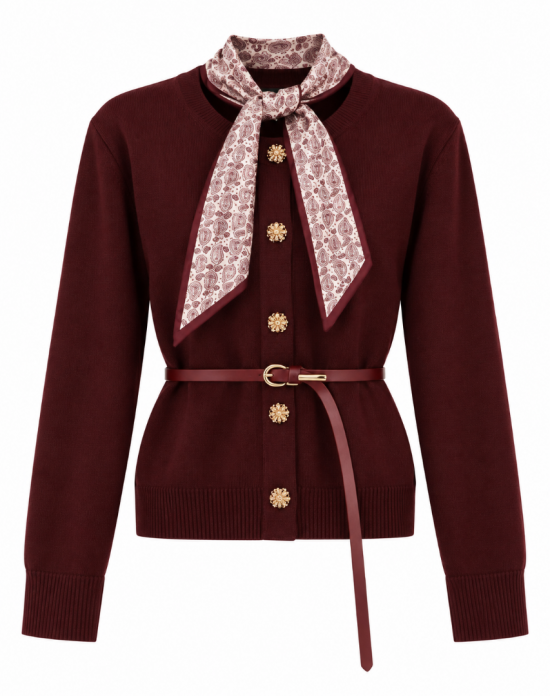 Trui met Sjaaldetail en Riem Bordeaux Model