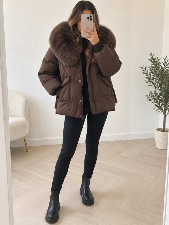Winterjas met Imitatiebontkraag Bruin Model