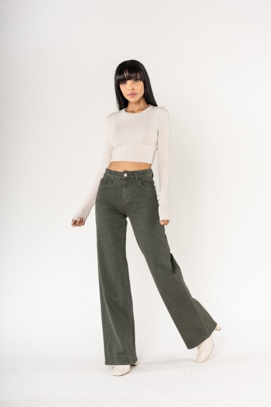 Lucie Wide Leg Jeans Donkergroen Voorkant